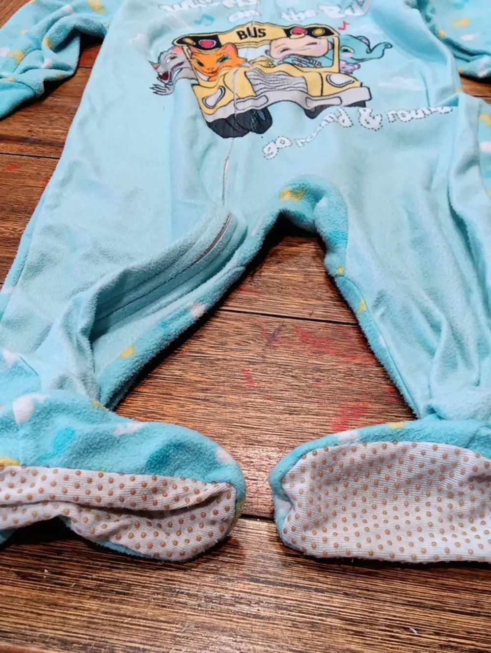 Cocomelon One-Piece Fleece Footed Pajamas - Light Blue Bus Print